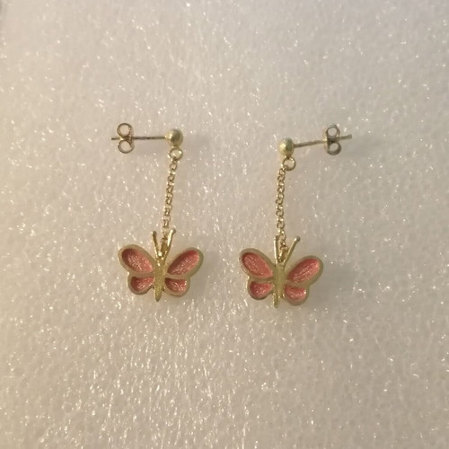 Silver earrings with 24kt gold plating and pink enamel butterfly new