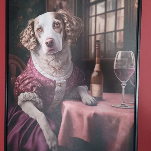 Decorative canvas print with aristocratic dog in burgundy dress, new