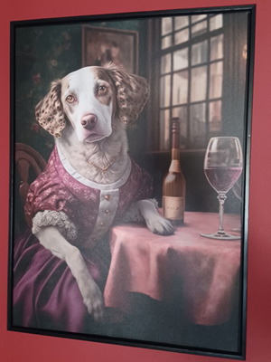 Decorative canvas print with aristocratic dog in burgundy dress, new