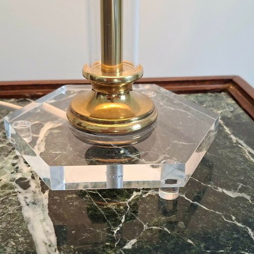 Table lamp used, 1960s plexiglass with fabric shade Hollywood Regency style