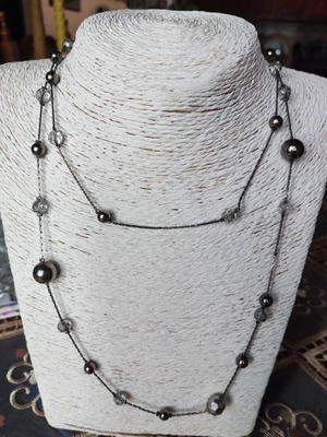 Long handmade necklace rosary style like new, black and gray