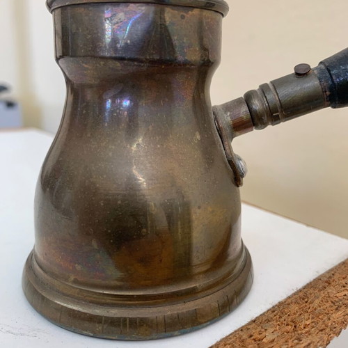 Ottoman brass coffee pot handmade, used, wooden handle