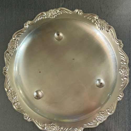 Vintage serving tray used, silver color with carved baroque design