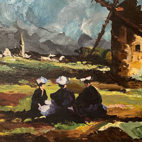 Oil painting Windmill and Dutch women used, 1970s oil on canvas