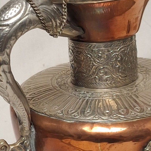 Vintage Tibetan Ewer Copper with Silver Dragon Motifs like new