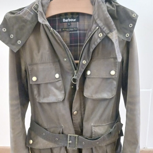 Barbour jacket used, large size, green with removable hood and waist belt