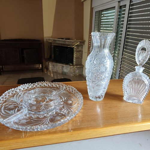 Crystal vase, crystal bottle, crystal snack tray with 4 sections
