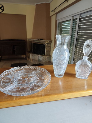Crystal vase, crystal bottle, crystal snack tray with 4 sections