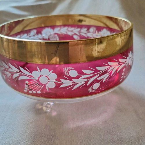 Ruby Color Crystal Bowl with 24K Gold Like New