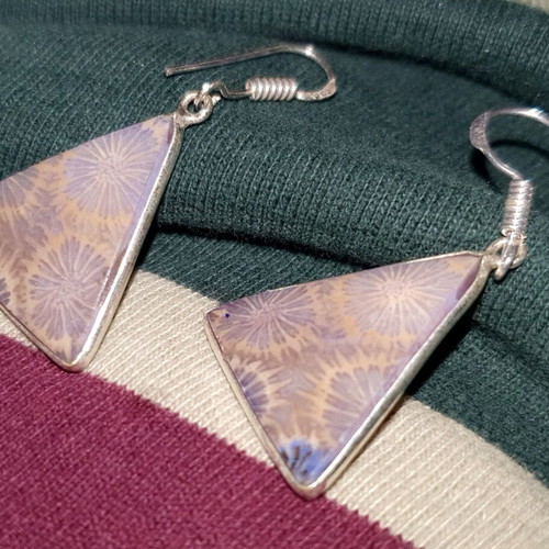 Triangular fossil coral earrings silver handmade