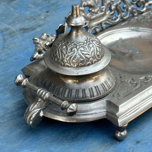 Vintage double metal inkwell with embossed decoration