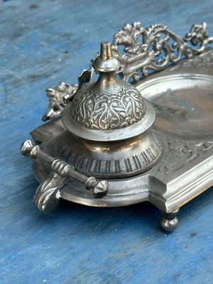 Vintage double metal inkwell with embossed decoration