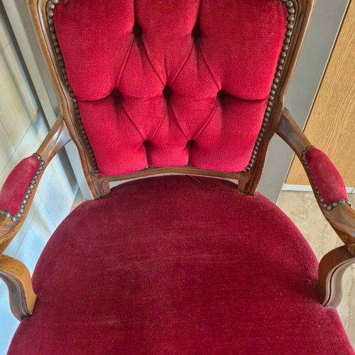 Vintage Louis XV armchair used, carved wood and red velvet