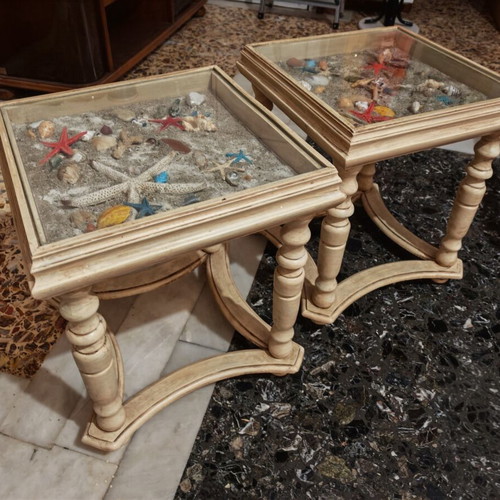 Handmade wooden coffee tables with display case refurbished