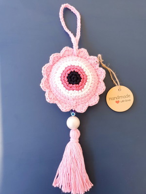 Handmade crochet evil eye in baby pink