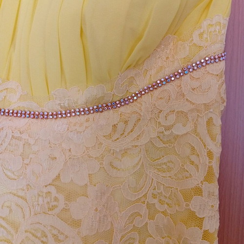 Maxi yellow evening dress with lace and strass, like new, size L/XL