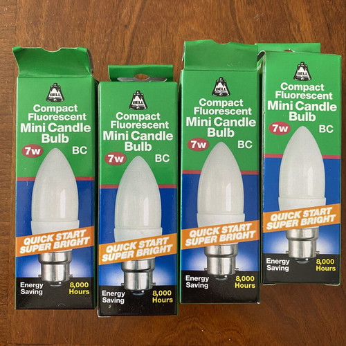 Mini Candle Bulbs 7W compact fluorescent, brand new, pack of 4