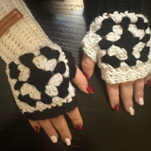 Knitted handmade fingerless gloves black and white with granny square design made to order