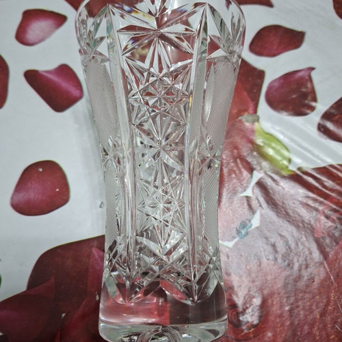 Bohemian crystal vase conical shape with hand-engraved geometric designs new