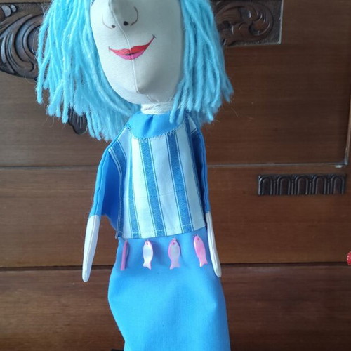 Handmade doll for collectors or puppet theatre on wooden base