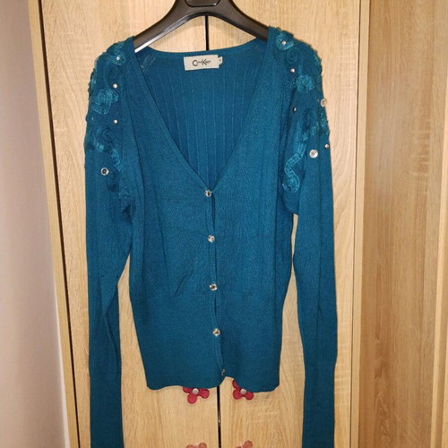 Turquoise cardigan with ribbon and crystals vintage style like new