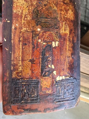 Handmade portable wooden religious icon used, 14x10 cm