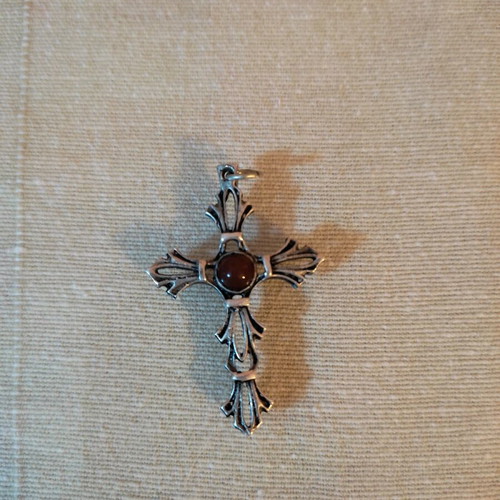 Vintage silver cross with red stone new