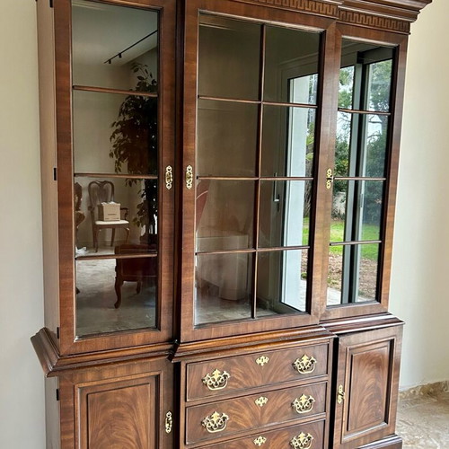 Three-Door Classic Glass Display Cabinet Made of Solid Mahogany Like New