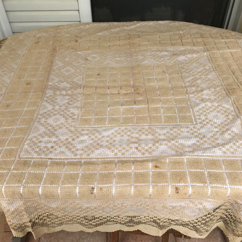 Antique embroidered tablecloth used, Venetian style