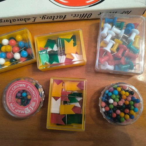 Magnifying glass, scissors and boxes of pins new