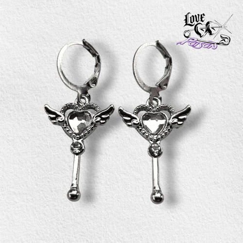 Love X Poison Handmade Stainless Steel Silver Hoop Earrings with Rhinestone Heart Wand Charms