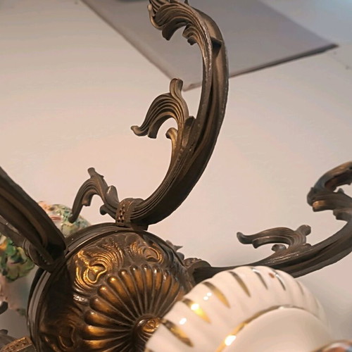 Antique 6-Light Chandelier like new with embossed colored designs