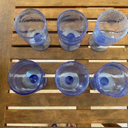 Set of 6 vintage blue bubble glass water wine juice glasses