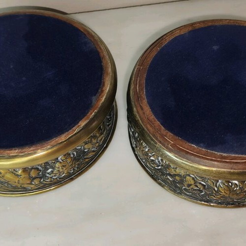 Wine Coasters used, silver metal with wooden base, repoussé grape motif