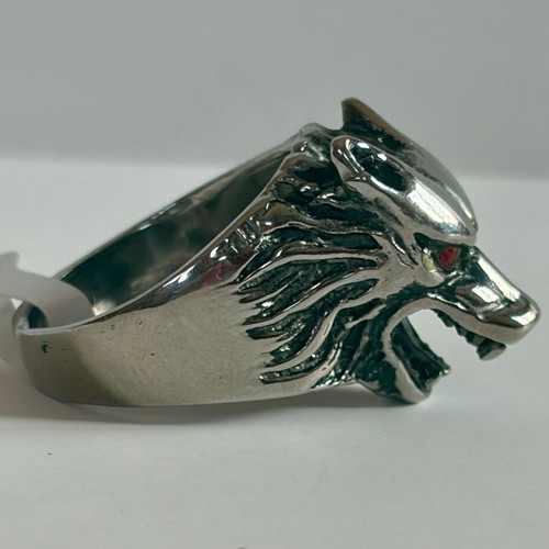 Wolf Head Ring with Red Zircon Eyes New, 316L Stainless Steel, US Size 14