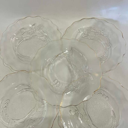 Vintage set of 5 glass plates matte with embossed designs and gold detail Indonesia 19cm used