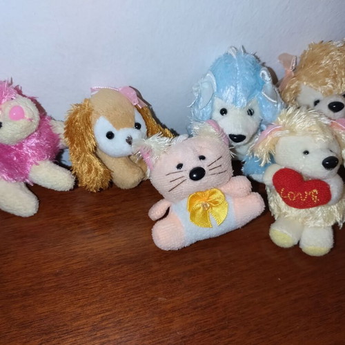 Small plush animals used, set of 6, keychain size