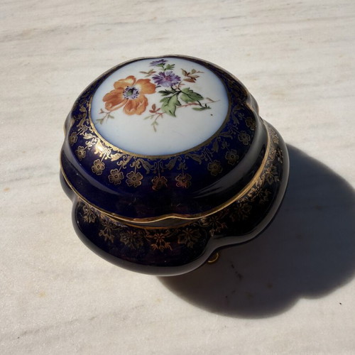 Vintage cobalt porcelain jewelry box like new with floral lid