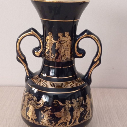 Two 24K Gold Handmade Vintage Vase and Amphora with Ancient Greek Scenes like new