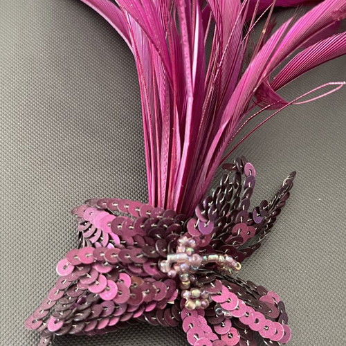 Handmade brooch with feathers and sequins, pink