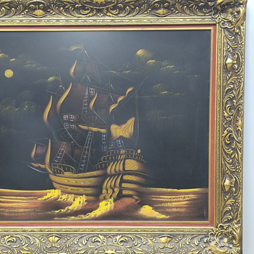 Painting with golden sailing ships under full moon, like new