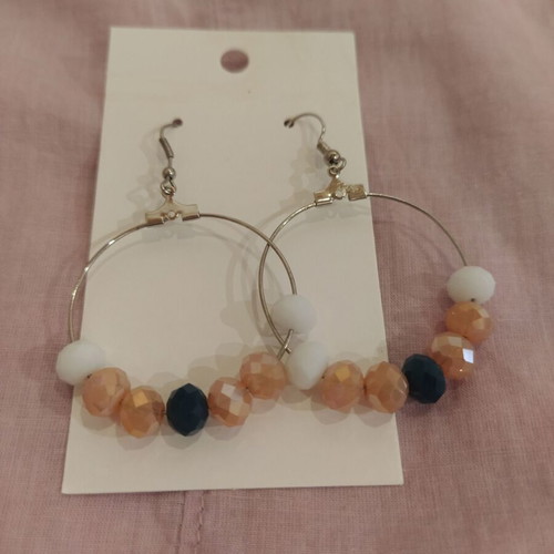 Hoop earrings with shiny polygonal beads in pink, white, and petrol, new