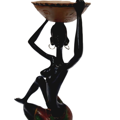 Statue of Black Woman with Large Bowl used, decorative art