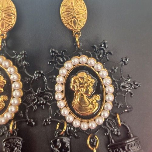 Cameo Baroque Earrings like new with pearls and black tassels