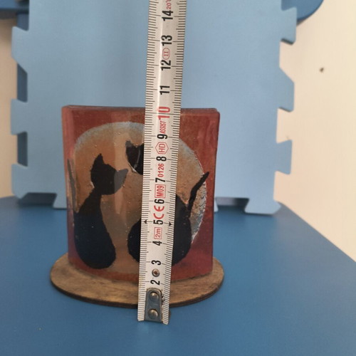 Decorative candle holder with cat design, glass and wood