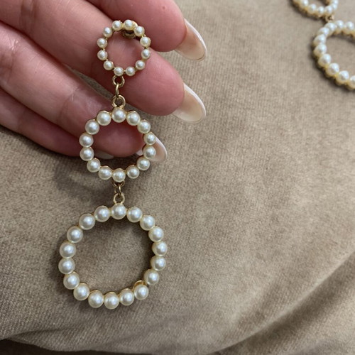Pearl drop earrings like new, three-tier circular design, gold tone