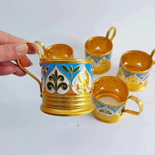 Set of 5 USSR enamelled aluminium podstakanniks, without glasses