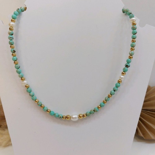 Handmade necklace with nephrite semi-precious stones, pearls and stainless steel new