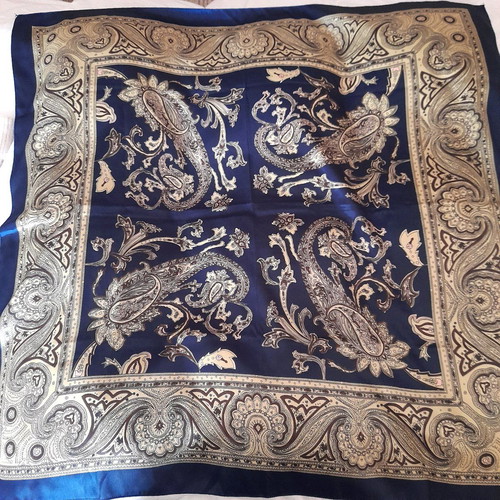 Square scarf used, large blue and gold