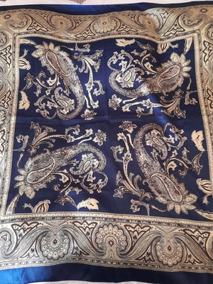 Square scarf used, large blue and gold